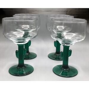 Lot Of 4 Libbey Cactus Clear Glass Green Stemware 12oz Margarita Bar ware